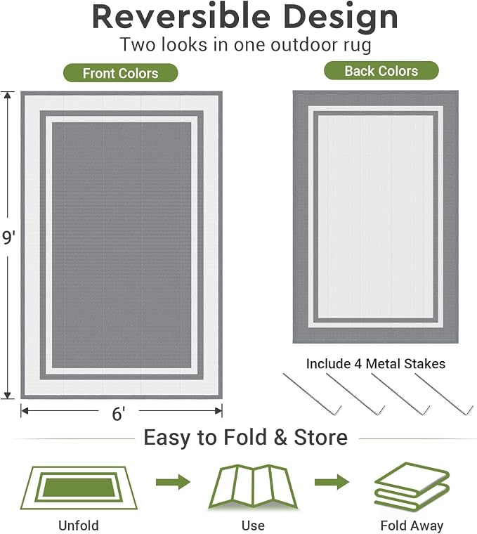 Mattitude Outdoor Rug Reversible Portable Plastic Straw Camping Rugs for Outside RV,Large Waterproof Outdoor Area Rugs for Patio,Deck,Porch,Balcony(6'x 9',White&Gray)