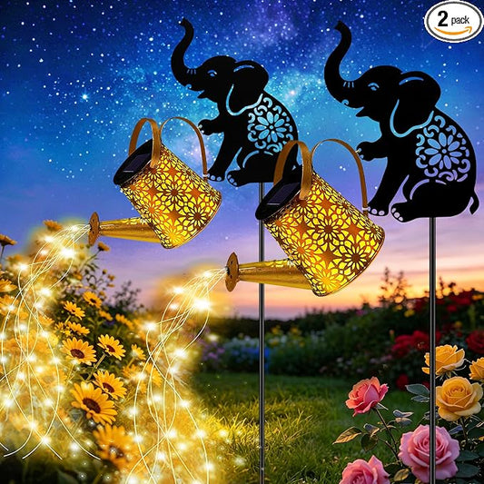 Solar Watering Can Lights, Elephant Hanging Lantern Solar Lights Outdoor, Birthday Gifts for Mom Women Mother's Day, Waterproof Garden Decor Outside Patio Yard Pathway Backyard, 2 Pack