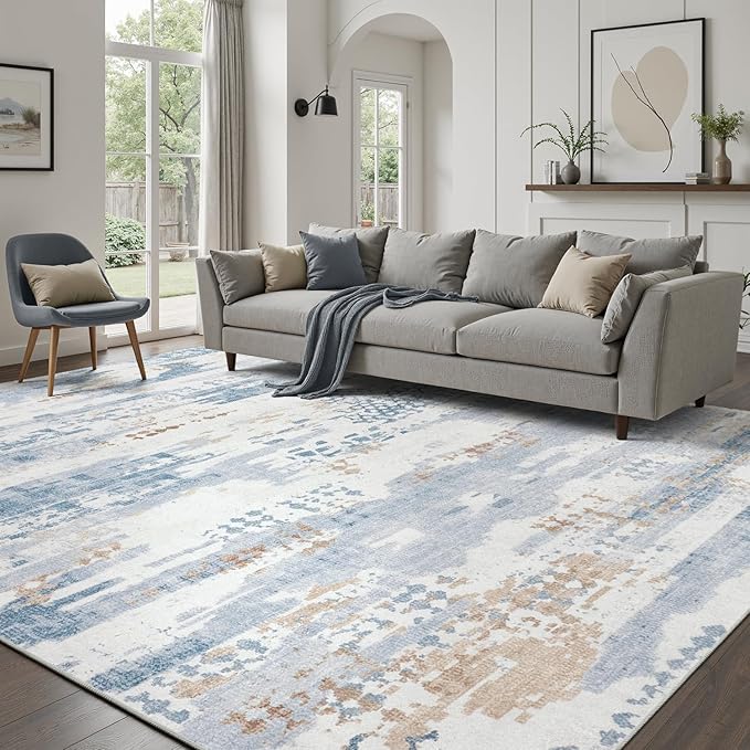 DCX Washable Abstract Area Rug 9x12, Non Slip Low Pile Rug, Blue | Easy to clean, non-shedding, soft, kid & pet friendly, with a non-slip rubber backing for living rooms, bedrooms, and offices