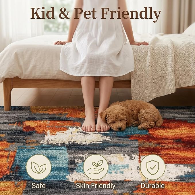 3x5 Burnt Orange and Teal Abstract Brushstroke Area Rug | Soft Low-Pile Machine-Washable Rug with Non-Slip Backing for Dining Rooms, Entryways and Reading Areas for Easy Everyday Care
