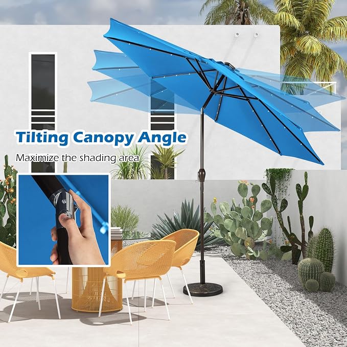 Giantex 9ft/10ft Outdoor Patio umbrella with Solar Lights, Table Market Umbrella with Crank and Push-button Tilt System, Solar LED Lighted Patio Umbrella for Backyard Deck Pool Beach