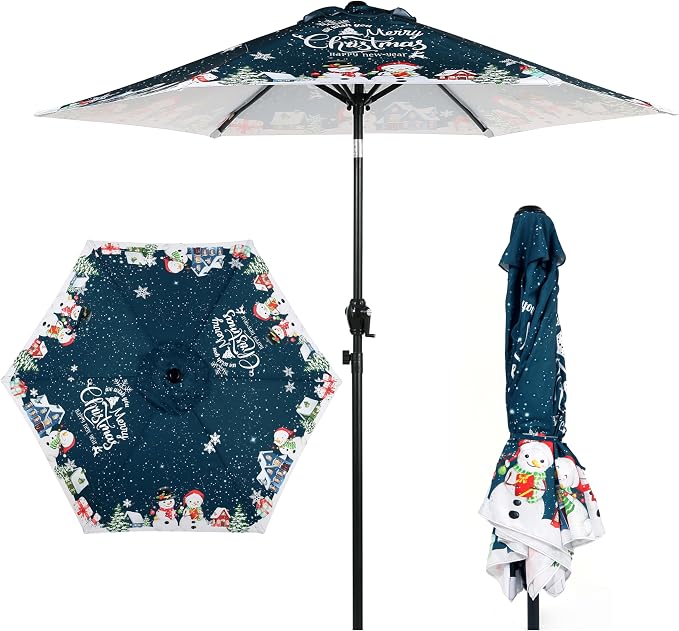 Seazul 7.5FT Christmas Patio Umbrella, Outdoor Table Umbrella with Push Button Tilt and Crank, Market Umbrella with 6 Steel Ribs, Dark Teal