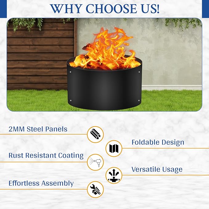 FEBTECH - 38" Dia x 12" H Fire Ring for Outside Fire Pit - No Bottom | Powder Coated 2mm Carbon Steel Deep Fire Ring Insert Liner for Above or In Ground Fire Pit, Outdoor Garden & Camping