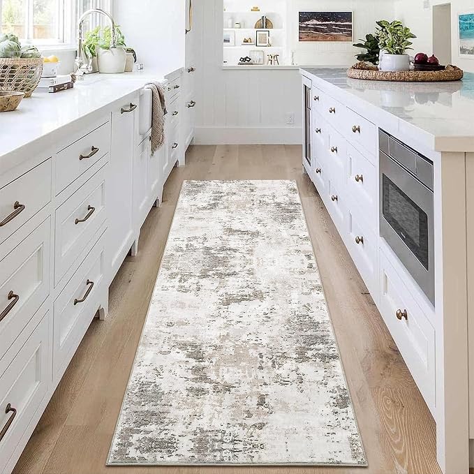 ROYHOME 2x6 Modern Abstract Runner Rug for Hallway Kitchen, Taupe/Beige | Non Slip Soft Stain Resistant Low Pile Machine Washable Non Shed Rug
