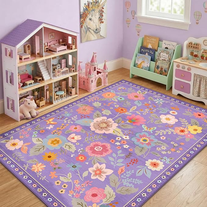 RELEANY Floral Washable 5x7 Area Rugs Purple/Pink | Flower Carpet, Print, Boho, Non-Slip, Easy to Clean, Soft, Low Pile for Living Room Bedroom Kitchen Office Entryway Hallway