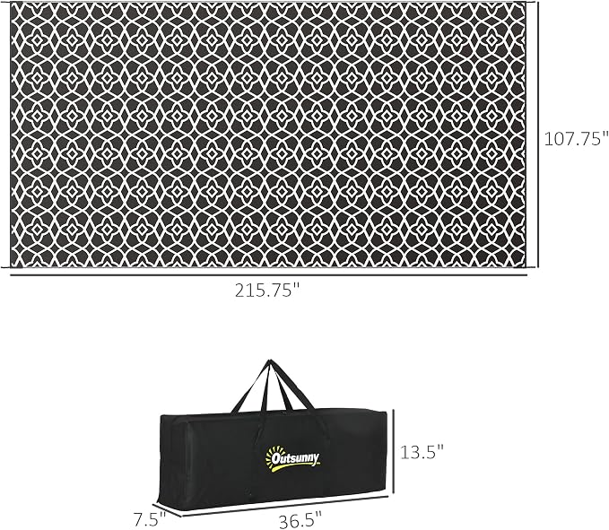 Outsunny Outdoor Rug for Patio, 9' x 18' Waterproof Large Mat, Reversible Plastic Straw Rug for Decor, Portable Outside RV Camping Area Carpet Mat for Backyard Porch Deck Picnic, Black & White Clover