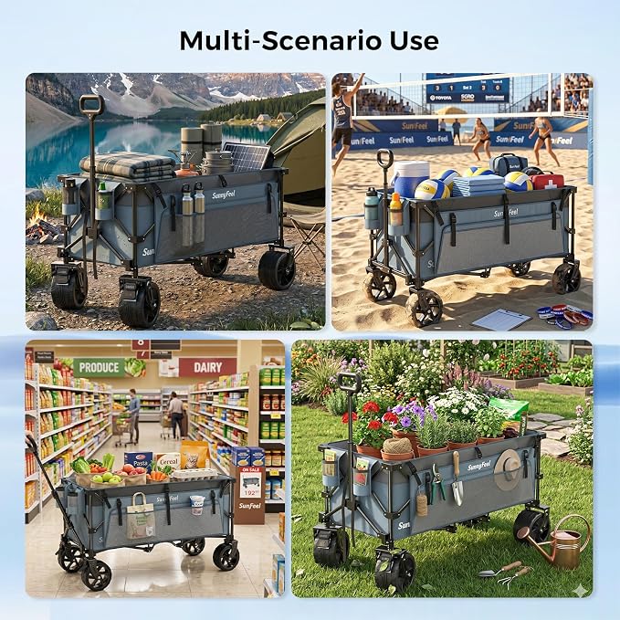 SUNNYFEEL 49" L Foldable Wagon Cart with Big Wheels - 550lbs Heavy Duty Extra Long Collapsible Shopping Cart - Utility Grocery Wagon for Garden Sports Camping Outdoor Activities (Blue)