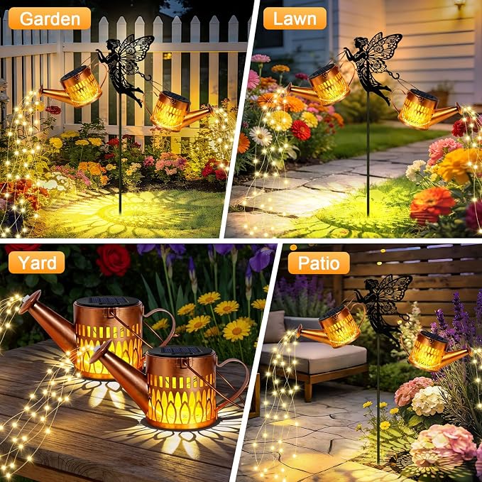 2 Pack Solar Watering Can Lights, Metal Solar Lights Outdoor Decorative with Fairy Silhouette Stake, Waterproof Hanging Lantern Garden Decor Light for Outside, Patio, Yard, Birthday Gifts for Women