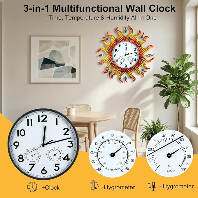 20 Inch Large Outdoor Clock with Thermometer and Hygrometer Combo, Silent Non-Ticking Sun Outdoor Wall Clock, Outdoor Clocks Waterproof for Patio, Garden, Kitchen, Living Room