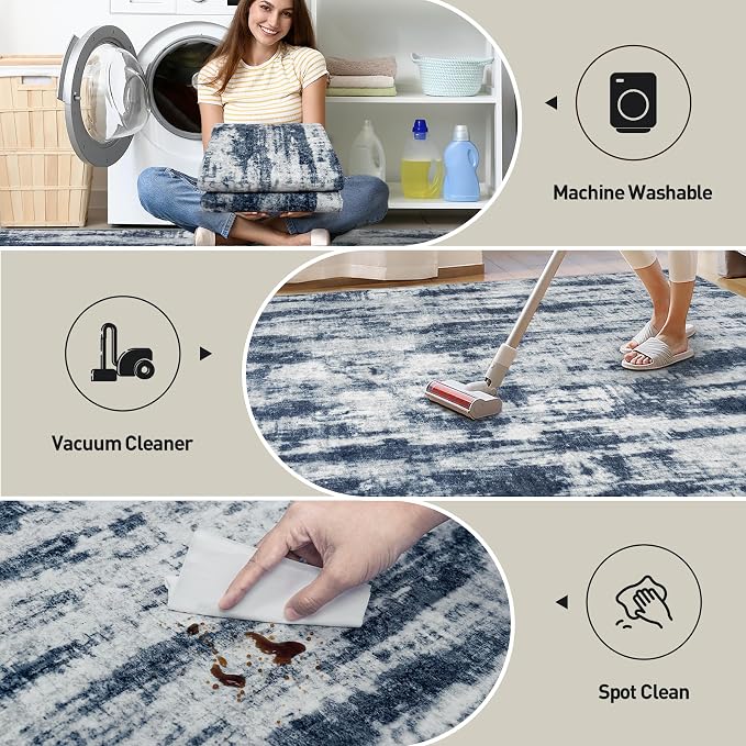 4x6 Area Rugs for Living Room: Washable Abstract Blue Grey Badroom Carpet | Non-slip TPE backing makes this washable soft low-pile rug safe & durable, Pet-friendly decor for dining room,nursery,office