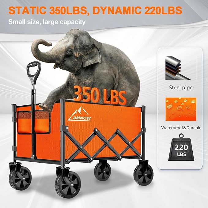 Collapsible Folding Wagon Cart, 350LBS Utility Large Capacity Cart Foldable Wagon with All Terrain Wheels, Grocery Wagons Carts for Garden Shopping Sports Camping, Bright Orange