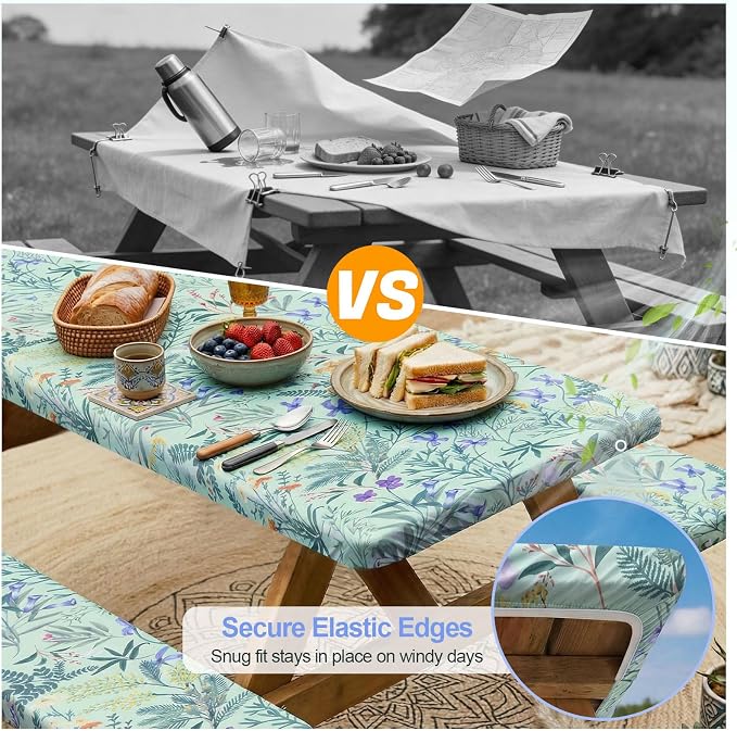 Picnic Table Cover with Bench Covers Camping Essentials Waterproof Windproof Camping Tablecloth with Drawstring Bag, Fitted Rectangle Tables and Seats, 96in, Gray Blue