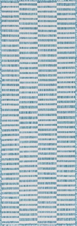 Unique Loom Outdoor Striped Collection Area Rug - Striped (2' x 6' 1" Runner, Light Aqua/Ivory)