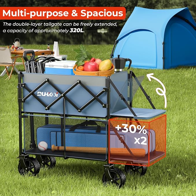 Double Decker Collapsible Wagon with Brakes,Compact with Tailgate | Big All-Terrain Wheels , 2-Tier for Camping Gear, Sports, Groceries, Shopping, Garden & Outdoor Use,Light Blue