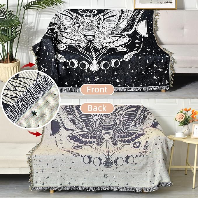 Boho Throw Blanket Reversible Cotton Bohemian Tapestry Hippie Room Decor Double Sided (Month Moth Black 50"x60")