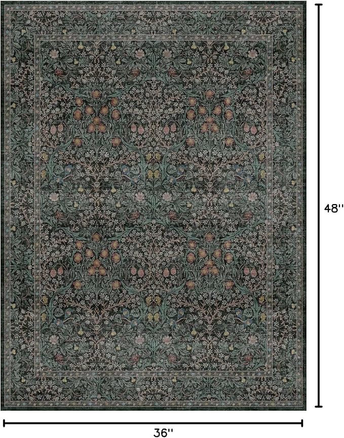 Dark Green Washable Entry Rug, 3x4 Rugs for Entryway Kitchen Bathroom Door Mat Indoor Entrance, Non Slip Rubber Backing, Stain & Fade Resistant, Vintage Floral Design