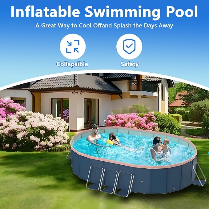 Foldable Pool, Hard Plastic Collapsible Pool, Large Non Inflatable Rectangle Pool Above Ground, Backyard Pool for Adults, Oversized Thickened, Easy Assembly (Round Corner 105.5 Inch)