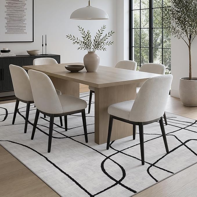 6x9 Washable Modern Abstract Black White Area Rug | Ultra-Thin Low Pile, Non-Slip TPE Backing, Soft Stain Resistant, Machine Washable, for Bedroom Livingroom High Traffic