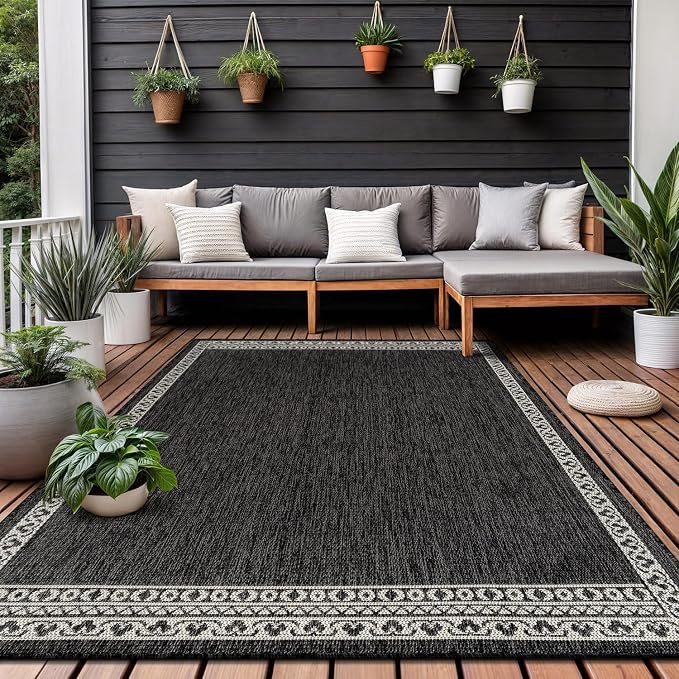 Washable Outdoor Rug 5x7 Modern Area Rugs Outdoor Carpets Bordered Pattern Non Shedding Waterproof Easy Clean Patio Deck Porch Living Room Bedroom Garden RV (5 X 7 Dark Gray)
