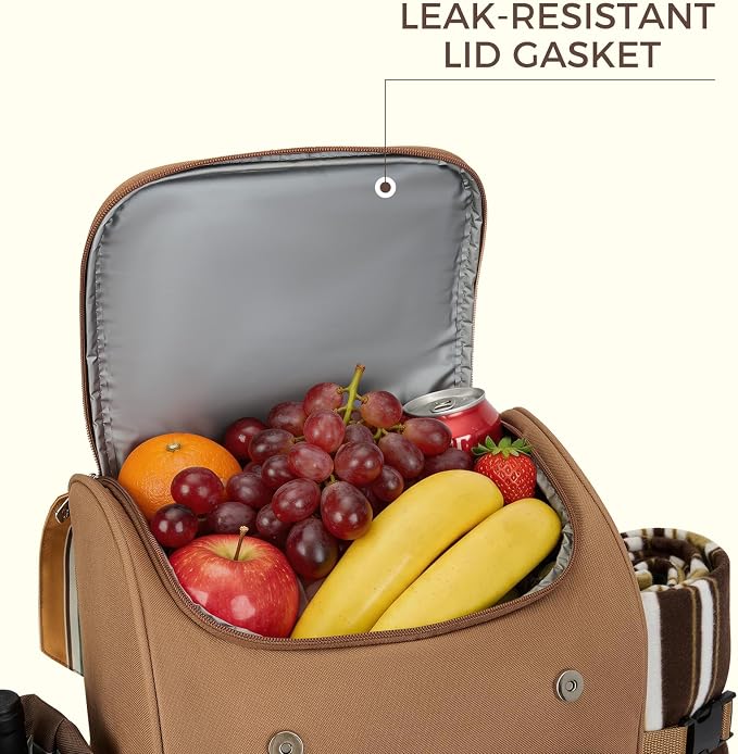 Picnic Backpack, 2-Person Set with Blanket and Wine Holder, Gray(Caramel Brown)