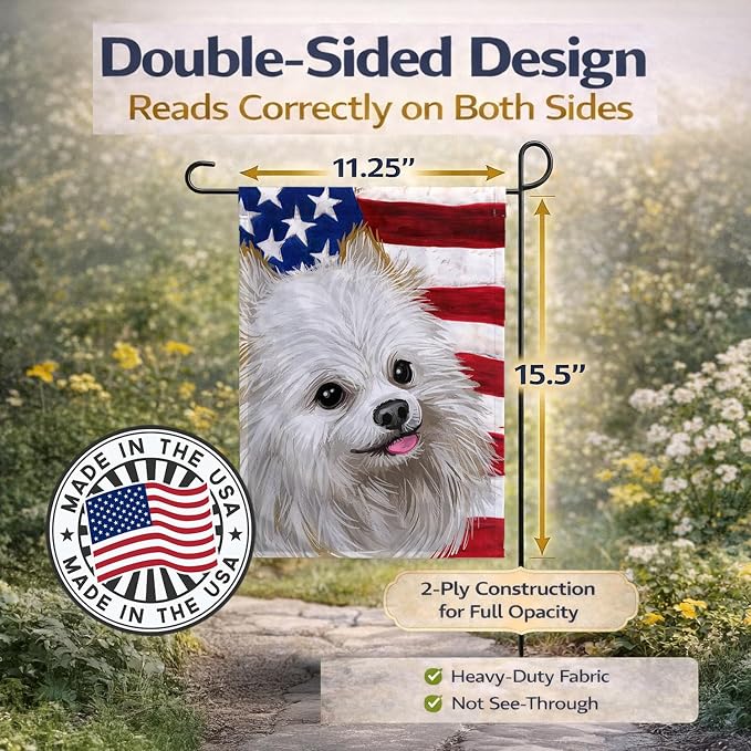 Caroline's Treasures CK6581GF Japanese Spitz American Flag Garden Flag Mailbox Flag Decorative Yard Flag Banner Outside Patio Artwork Yard Flower Beds, Garden Size, Multicolor