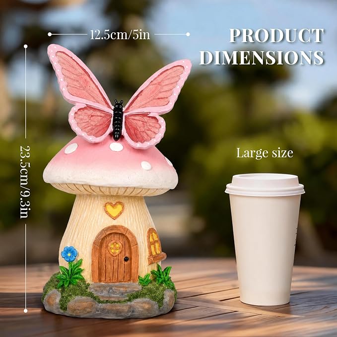 GIGALUMI Fairy Garden Houses Mushroom 9.3",Garden Statues,Fairy Houses for Outside, Butterfly House, Mushroom Decor for Yard, Patio and Birthday Gifts for Mom Women（Pink）