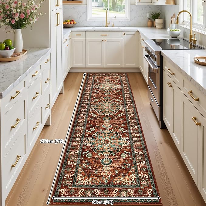 U'Artlines 2' x 7' Boho Hallway Runner Rug, Washable Carpet, Rust＆Teal | Non Slip, Vintage Farmhouse Accent Area Rug Carpet, for Kitchen Entryway Laundry and Living Room