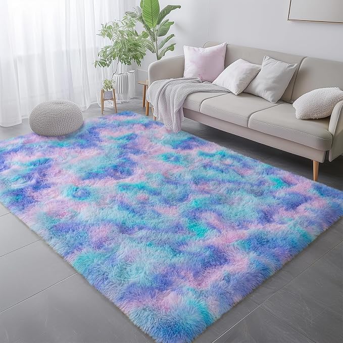 Fluffy Shag Rugs for Living Room 6x9 Purple Rainbow Washable | Upgrade Non-slip, 6 x 9 Large Big Shaggy Area Rug for Girls Bedroom Nursery, High Pile Plush Carpet for Kids Room Dorm