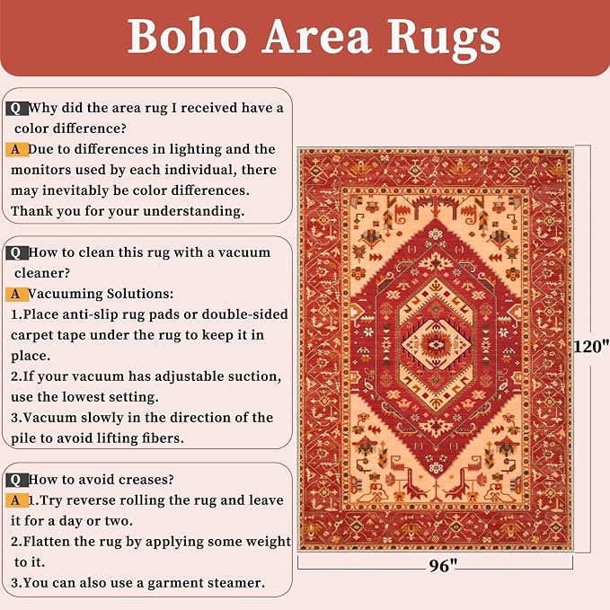 SERISSA 8x10 Washable Non Slip Boho Area Rug for Living Room，Red | Ultra Soft Vintage Oriental Carpet Low-Pile Distressed Tribal Throw Carpet for Dining Room Bedroom Dorm Office Home Decor