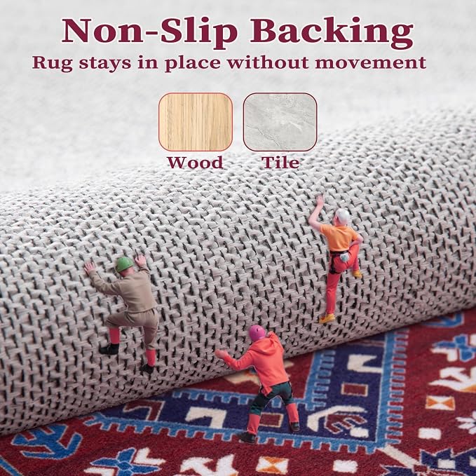 SERISSA 9x12 Washable Non Slip Boho Area Rug for Living Room | Ultra Soft Vintage Oriental Carpet Low-Pile Burgundy Navy Throw Carpet for Dining Room Bedroom Dorm Office Home Decor