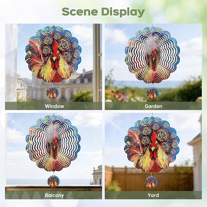 Rooster Wind Spinners Outdoor for Mother's Day, IDEA SHOW 12In Stainless Steel Wind Spinners, 3D Kinetic Hanging Sculpture, Rustproof Metal Garden Decor Ornaments for Yard Art, Women, Men, Holidays