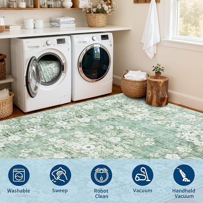 GarveeHome 5ft Washable Round Rug for Dining Room Vintage Bordered Carpet | Leaf Flower Floral Bedroom Throw Rug Distressed Botanical Non-Slip Low Pile Sage Green Area Rug for Living Room Office
