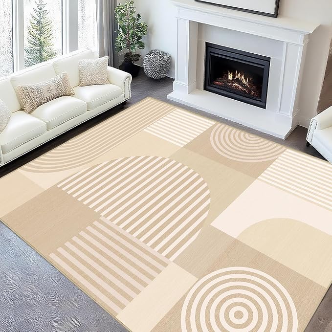 Area Rug 6x9 Living Room Beige Geometric Rug Machine Washable White Minimalist Mid Century Modern Area Rugs Non Slip Low Pile Large Dining Room Indoor Floor Carpet for Bedroom Office,Beige