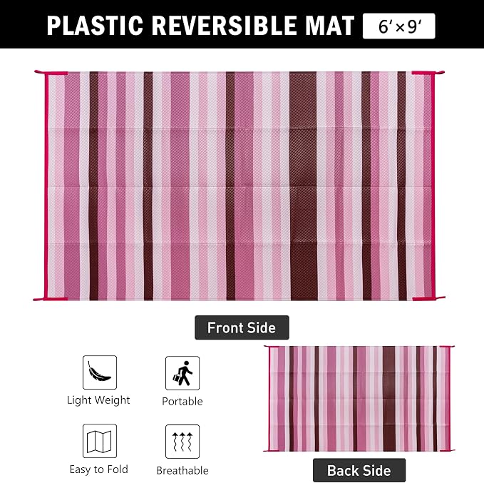 HUGEAR Outdoor Waterproof Rug 6'x9' Plastic Straw Rugs Washable Reversible Floor Mat Pink Stripe Carpet for Camping RV Deck Entryance Porch Picnic Balcony Beach Backyard