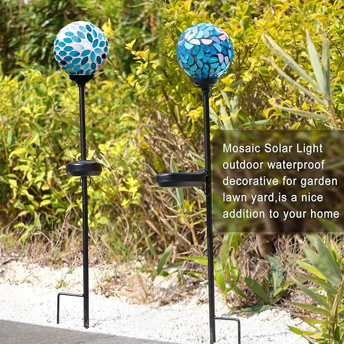 VCUTEKA Decorative Solar Garden Lights, 3.5" Mosaic Globe Stake 2 Pack | Mosaic Glass Design, Solar LED Light, Weather Resistant, Auto On/Off and Metal Stake Design for Lawn and Patio
