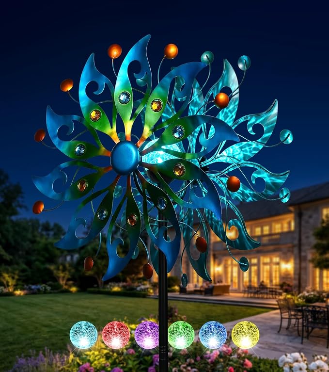 87" Large Solar Wind Spinners Outdoor, Peacock Metal Garden Decor | Handcrafted,Large,Solar-Powered Color-Changing,Rust-Proof,Weather-Resistant,Heavy-Duty,Tool-Free Assembly,Peacock