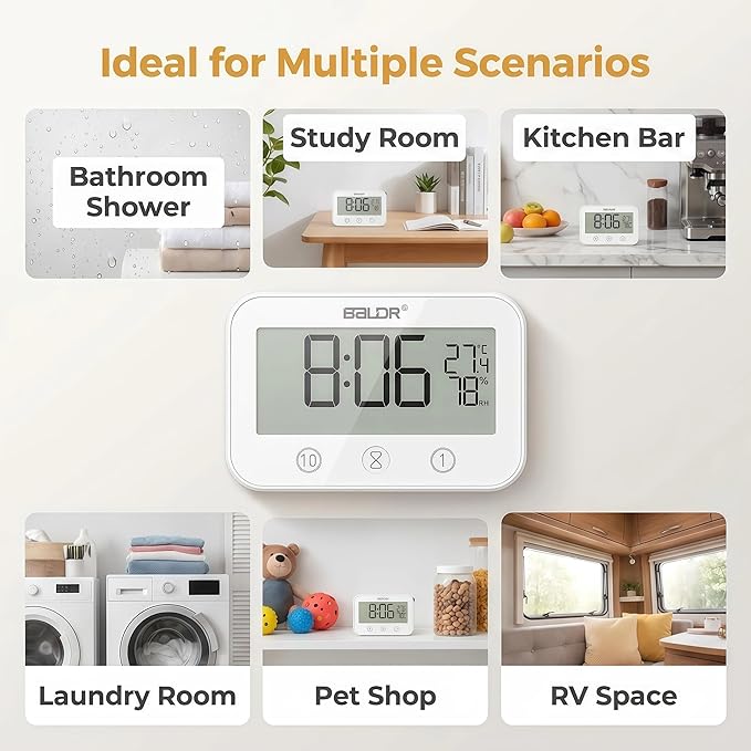 Digital LCD Waterproof Timer Shower Clock, Waterproof for Water Spray, Bathroom Clock Wall Mount, Two Suction Cup, Displays Time, Temperature, and Indoor Relative Humidity (1, White)