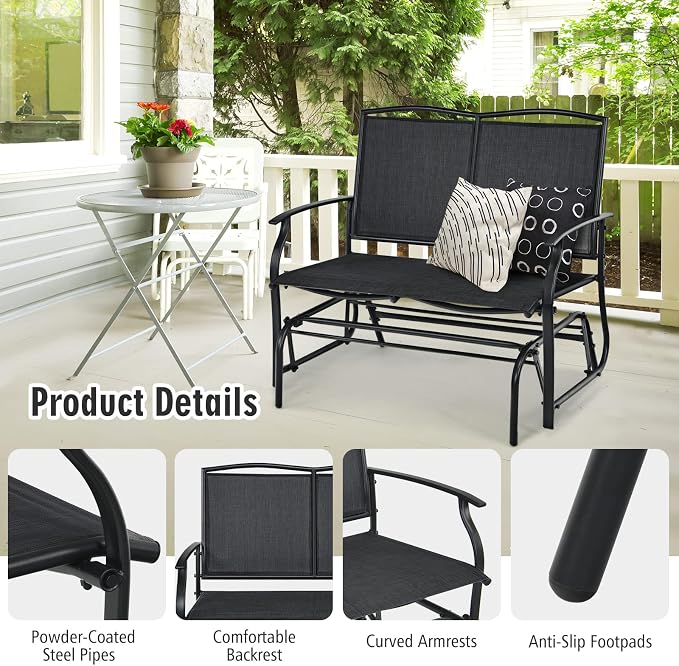 Outdoor Swing Glider Chair for 2 Persons, Rocking Seating Patio Bench w/Coated Steel Frame, Patio Loveseat for Backyard, Garden (Black)