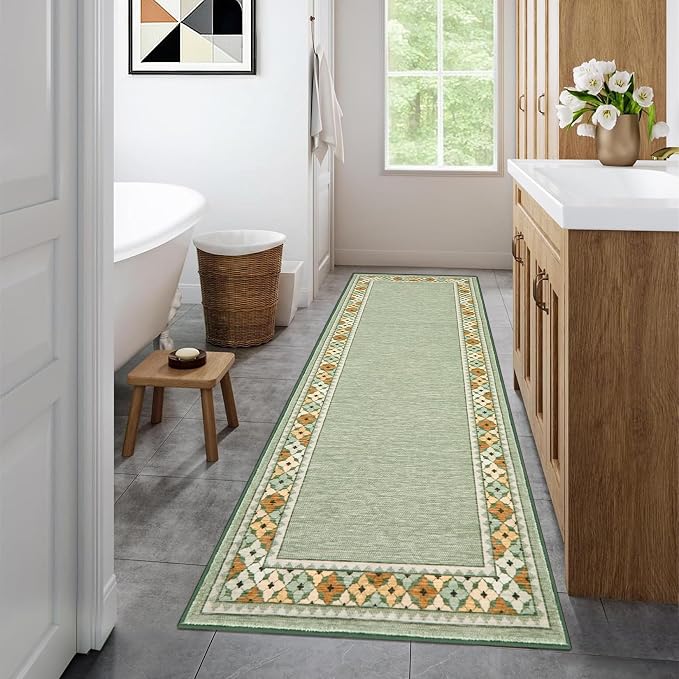 Garvee 2x6 Tribal Border Kitchen Rugs Washable Rugs for Hallway, Green | Floral Border Area Rug Stain Resistant Easy Cleaning Throw Rugs Low Pile Floor Cover for Bedroom Laundry