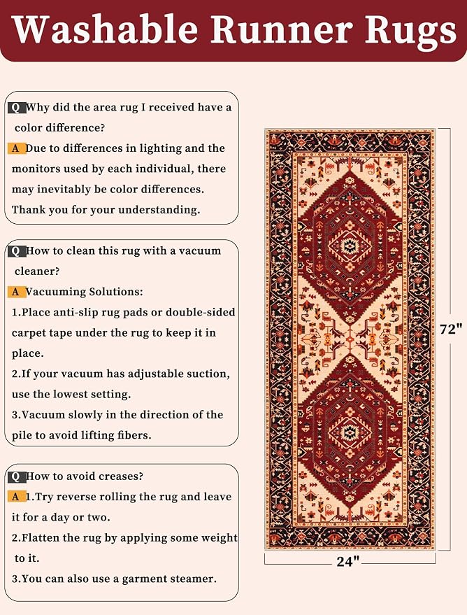 SERISSA 2x6 Washable Non Slip Boho Runner Rug for Hallway，Red Black | Ultra Soft Vintage Oriental Carpet Low-Pile Distressed Tribal Floor Carpet for Kitchen Bedroom Bathroom Laundry Living Room
