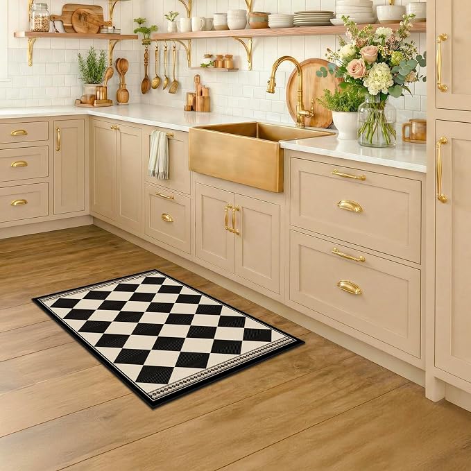 2x3 Elegant Farmhouse Checkered Entry Kitchen Rug, Vintage Diamond Front Door Mat, Non-Slip Washable Soft Easy Jute Area Rug, Non-Shedding Low Pile Carpet for Entryway, Bedroom, Porch, Black & White
