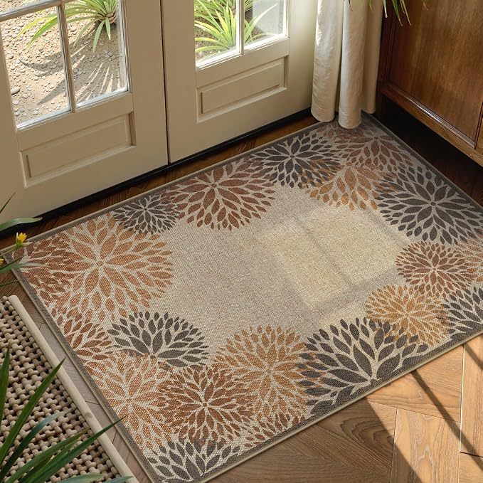LIVEBOX Easy Jute 28''x43'' Front Porch Rug, Outdoor Non Slip Washable Kitchen Rug Modern Floral Bohemian Area Rugs Floor Hello Welcome Door Mat Carpet for Entryway Doorway(Beige 28''x43'')