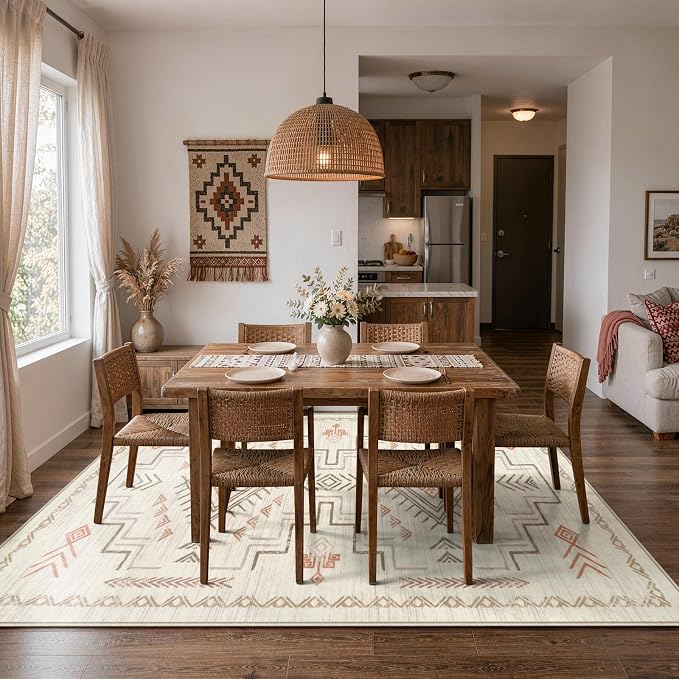 STARUIA Washable 8x10 Area Rug for Living Room, Beige Western Aztec Tribal Moroccan Area Rug, Boys Neutral Rug for Bedroom, Soft Non-Slip Non-Shedding Large Carpet Under Dining Table Home Office