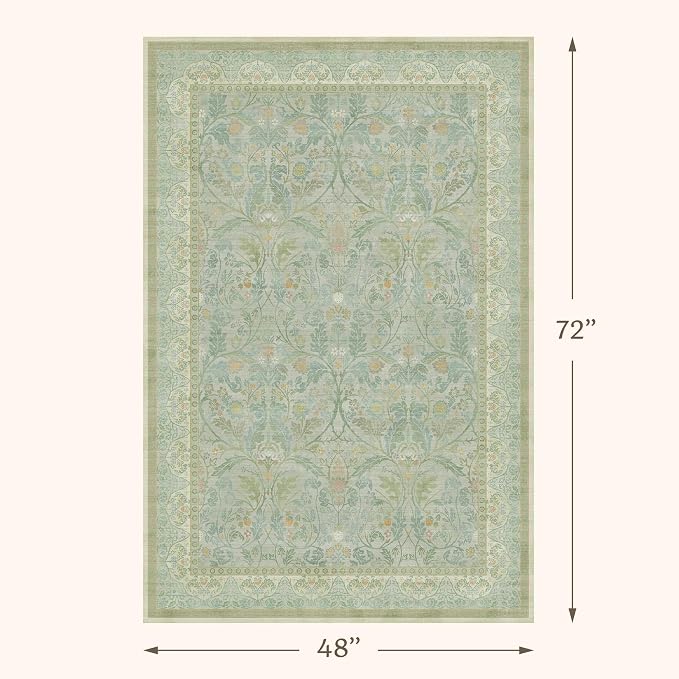 4x6 Cottagecore Living Room Area Rug, Machine Washable Floral Large Door Mats Indoor Entrance, Non Skid & Low Pile Soft Rugs for Kitchen, Reading Corner, Bedroom, Calm Corner (Sage Green)