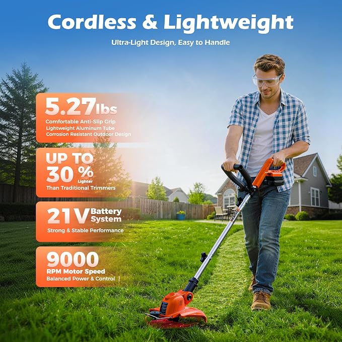 21V Weed Wacker Weed Eater: Electric String Trimmer & Edger 2in1 Lawn Tool Battery Powered - 12 Inch Grass Cutter with 2Pack 2000mAh Batteries & Charger - Cordless Lightweight for Small Yard Garden