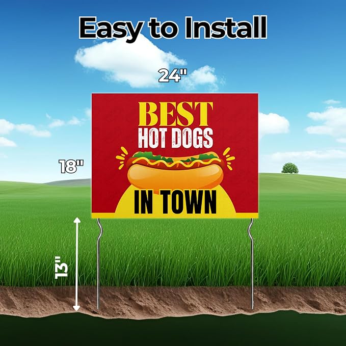 Besst Hot Dogs in Town - Stop In! Yard Sign by DC | 24"x18" Double Sided Conv. Store Garden Sign with 13” Metal Stakes | Outdoor Signs Waterproof for Lawn, Patio, Sidewalk & House | Set of 5