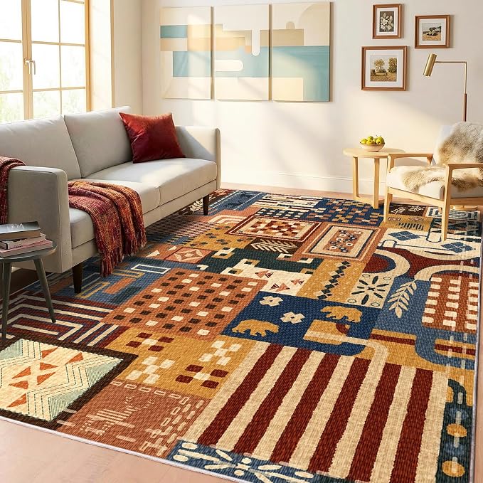 6x9 Area Rug for Living Room, Washable Navy Rust Animal Patchwork Design | Soft Faux Wool Low-Pile Rug with Non-Slip TPR Backing for Living Room, Bedroom, Dining Room and Home Office