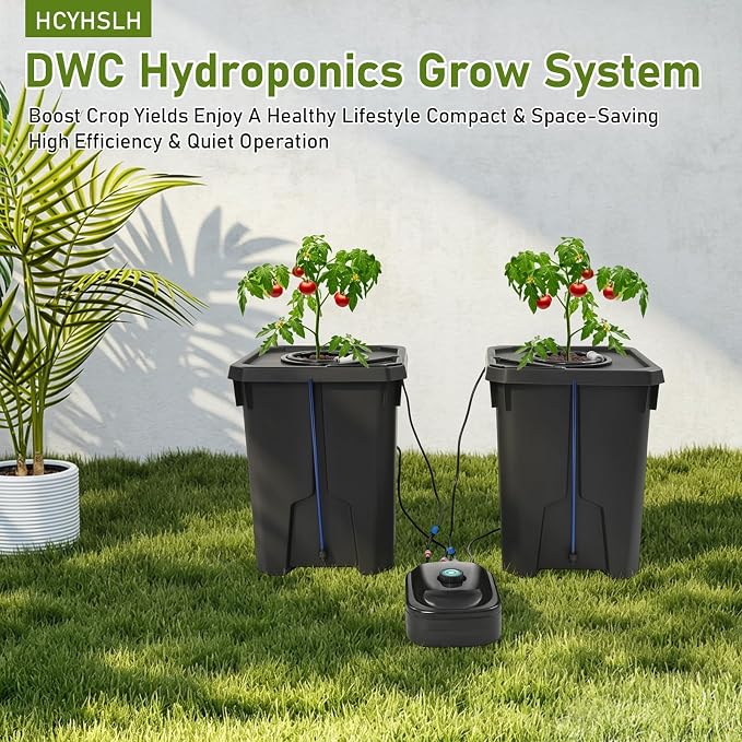 DWC Hydroponics Grow System 7.13 Gal Deep Water Culture Kit Auto Irrigation Sets w/8W 110V Air Pump, Two 12inch Bucket, Flippable Inspection Cover & Check Valve for Urban Farmer (2 Buckets+7.13 Gal)
