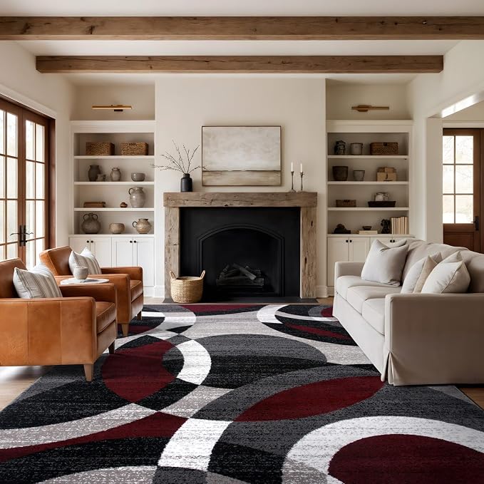 Rugshop Overlapping Circle Modern Geometric Area Rug Red 7'10" x 10'2" | Indoor, Non-Shedding, Rectangular, Size 7'10" x 10'2", Living Room, Bedroom, Dining Room, Home Office, Kitchen, Entryway