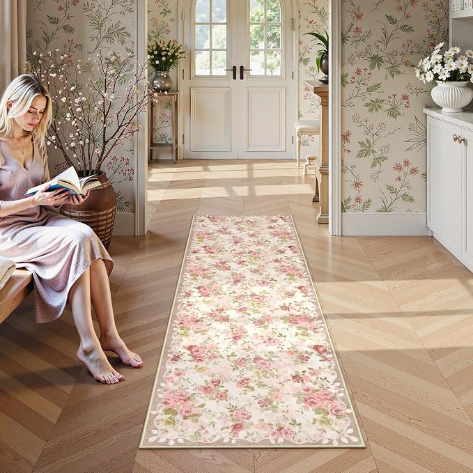 Lahome Floral Pink Bathroom Rug Runners for Hallways Non Slip, 2x6 Washable Kitchen Runner Rug, Soft Boho Throw Carpet for Girls Bedside Bedroom Laundry Nina Beige/Pink/Multi